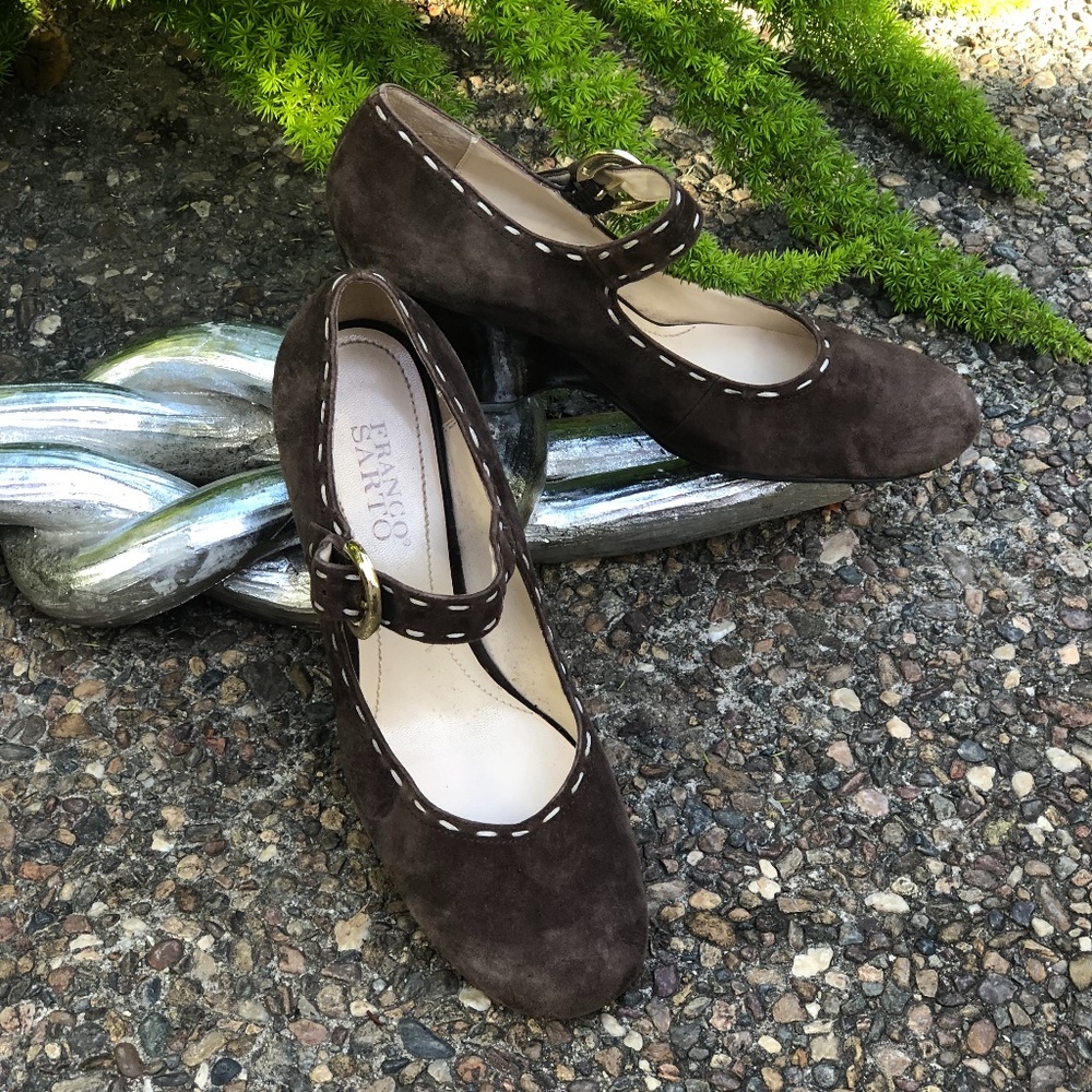 Franco Sarto Brown Suede Patent Leather Wedge Mary Janes Size 9.5